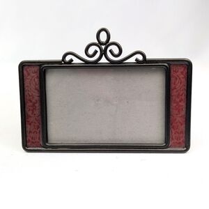 Picture Frame Metal and Floral Print Glass Victorian Scroll Antiqued Brasstone
